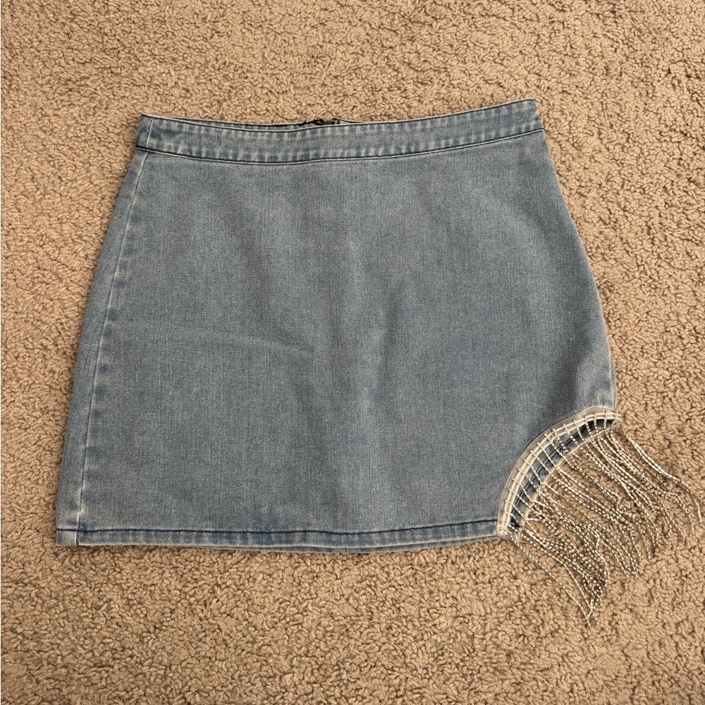 Denim Mini Skirt with Fringe Detail
